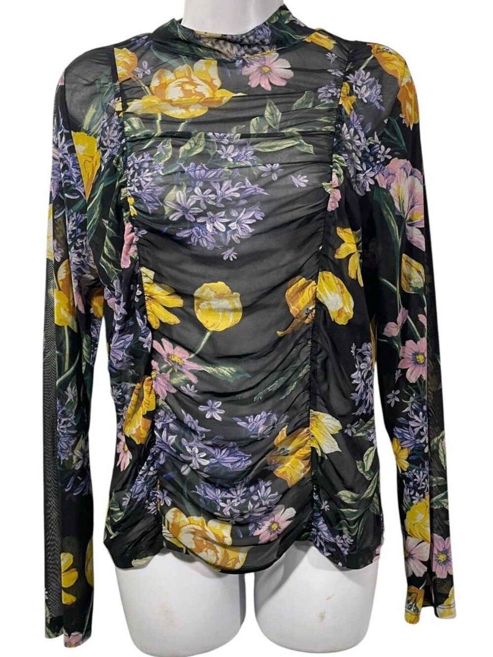 Ruched Floral Print Sheer Black Top Long Sleeve Mock Neck Sz L/XL Dark Romantic
